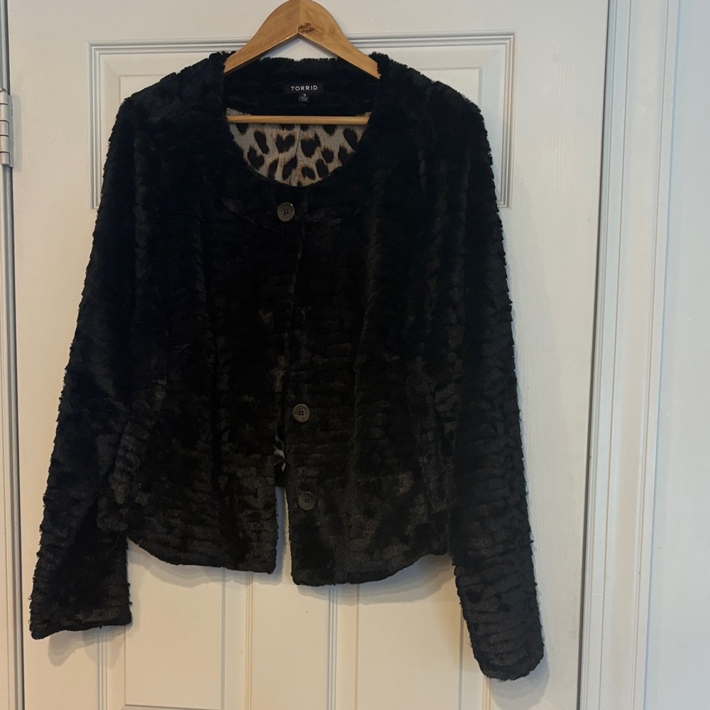 torrid Black Faux Fur Jacket with Leopard Lining